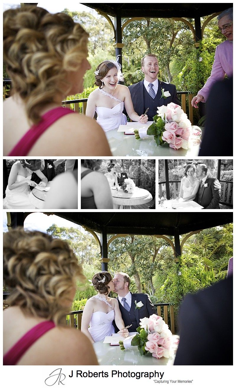 Signing the register in the gazebo at Tumbling Waters Resort - sydney wedding photography 